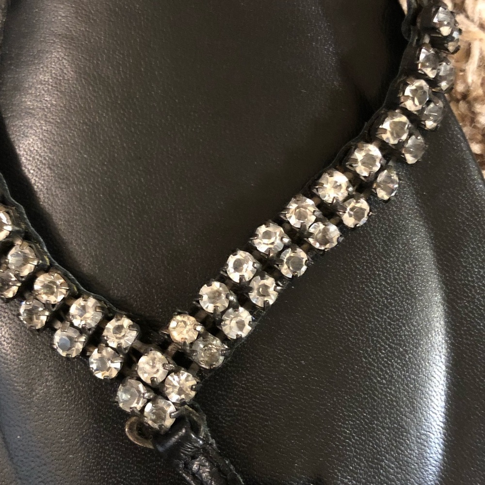 Beautiful Black Leather Flip Flops with Rhinestones - Picture 5 of 7